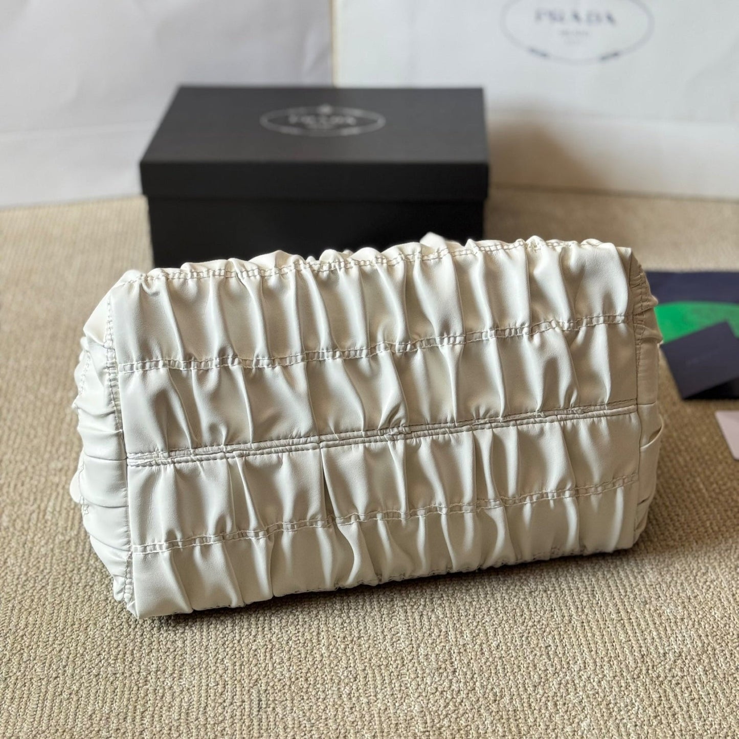 BOW DETAIL RUCHED TOP HANDLE BAG 28 IN WHITE SAFFIANO LEATHER