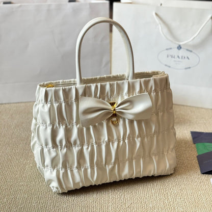 BOW DETAIL RUCHED TOP HANDLE BAG 28 IN WHITE SAFFIANO LEATHER