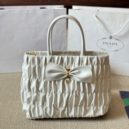 BOW DETAIL RUCHED TOP HANDLE BAG 28 IN WHITE SAFFIANO LEATHER