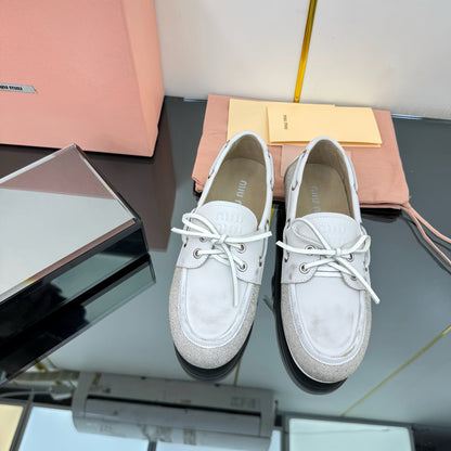 BOAT SHOES IN OFF WHITE CALFSKIN AND CANVAS