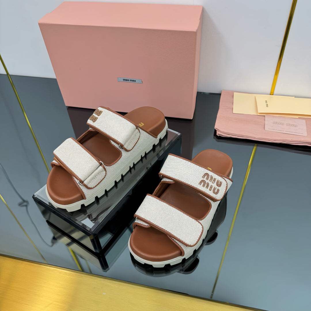 PLATFORM SANDALS IN BROWN EVA SOLE WHITE WITH BROWN POLKA DOTS