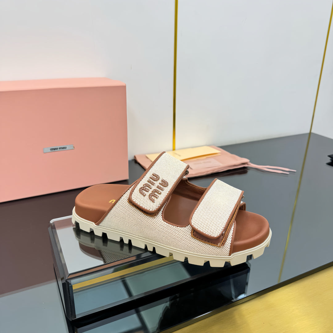 PLATFORM SANDALS IN BROWN EVA SOLE WHITE WITH BROWN POLKA DOTS