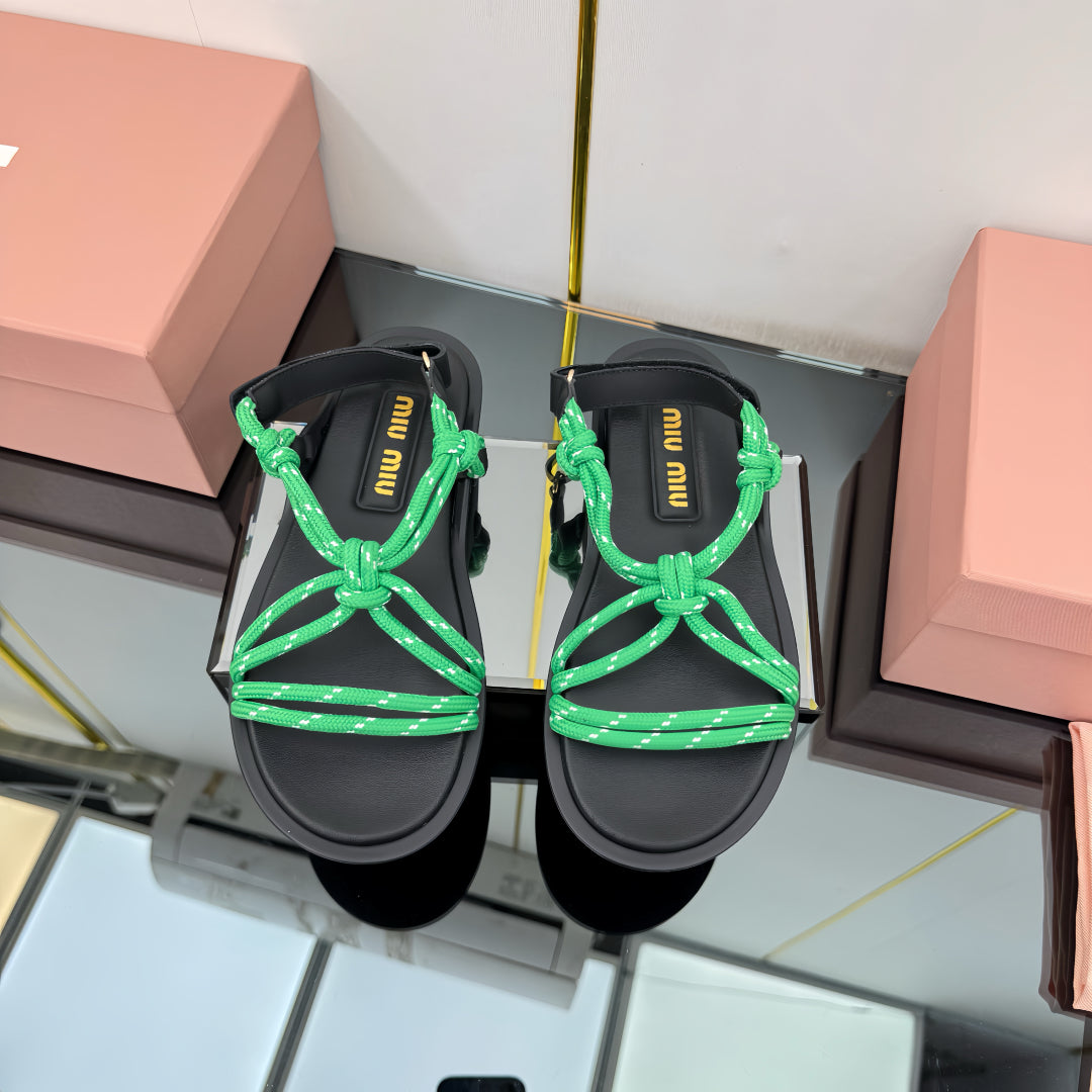 RIVIERE SANDALS IN BLACK CALFSKIN GREEN CORD