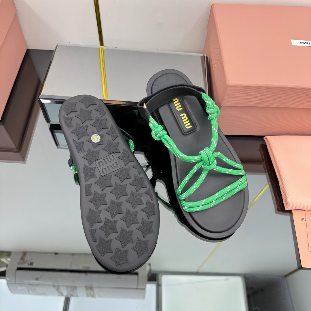 RIVIERE SANDALS IN BLACK CALFSKIN GREEN CORD