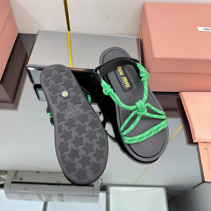 RIVIERE SANDALS IN BLACK CALFSKIN GREEN CORD