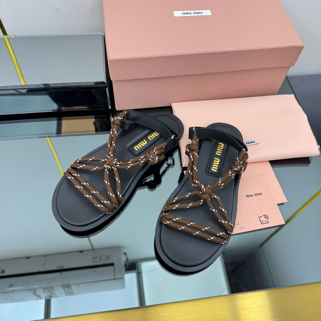 RIVIERE SANDALS IN BLACK CALFSKIN BROWN CORD