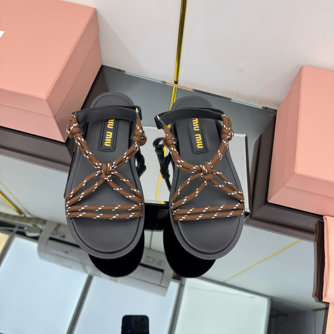 RIVIERE SANDALS IN BLACK CALFSKIN BROWN CORD