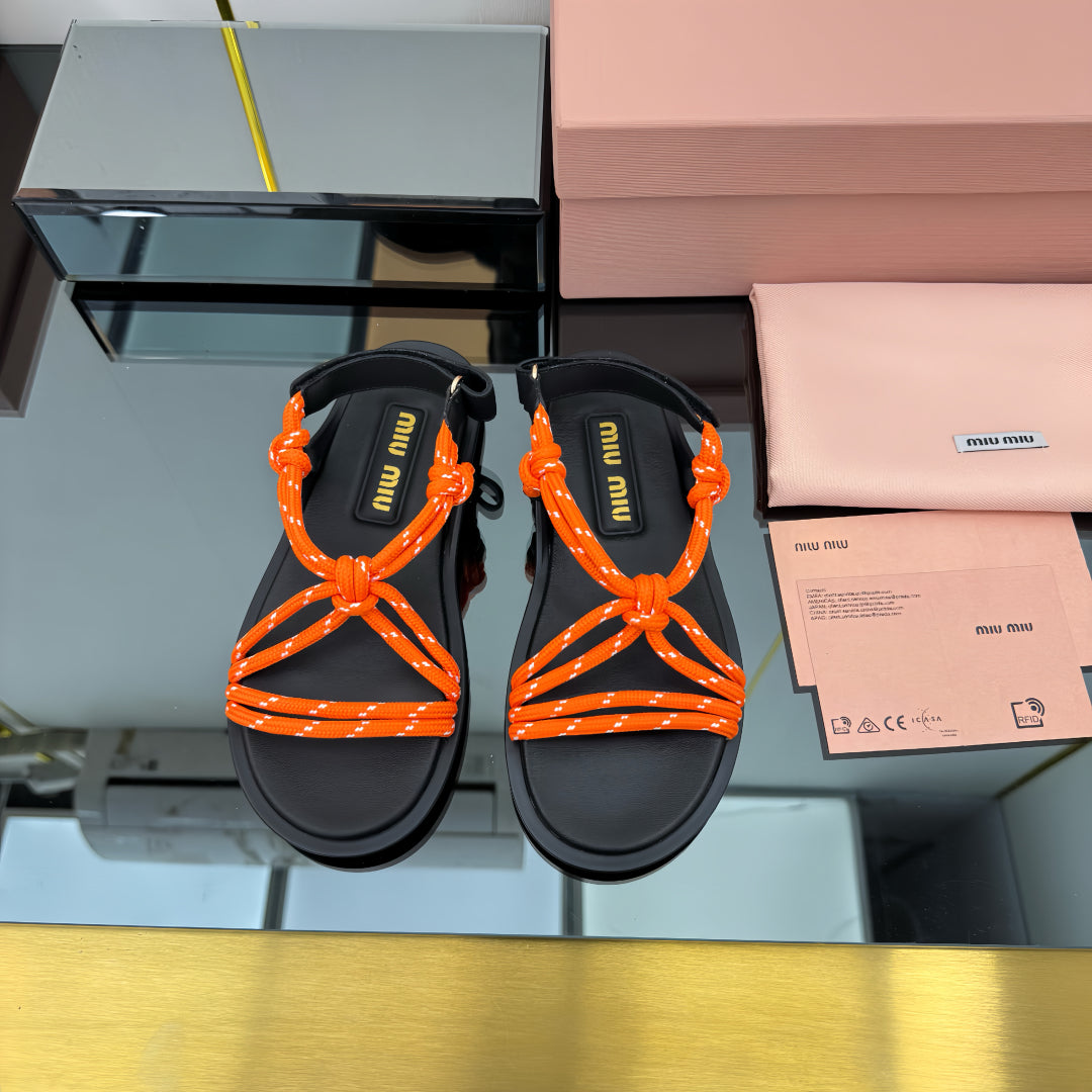 RIVIERE SANDALS IN BLACK CALFSKIN ORANGE CORD