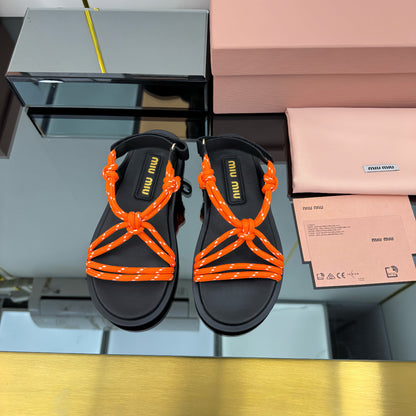 RIVIERE SANDALS IN BLACK CALFSKIN ORANGE CORD