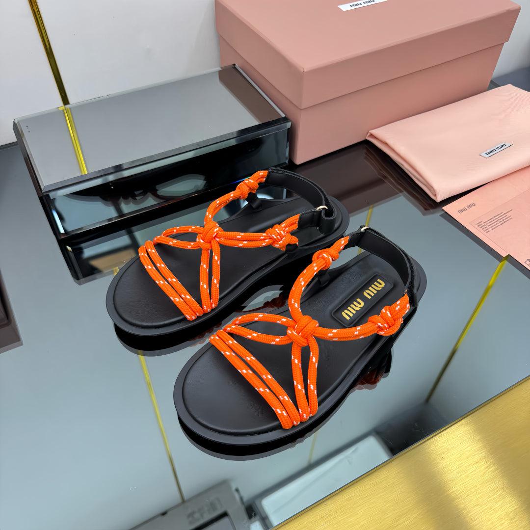 RIVIERE SANDALS IN BLACK CALFSKIN ORANGE CORD