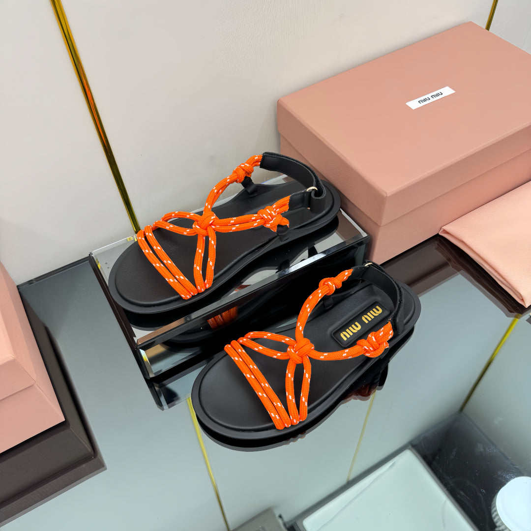 RIVIERE SANDALS IN BLACK CALFSKIN ORANGE CORD