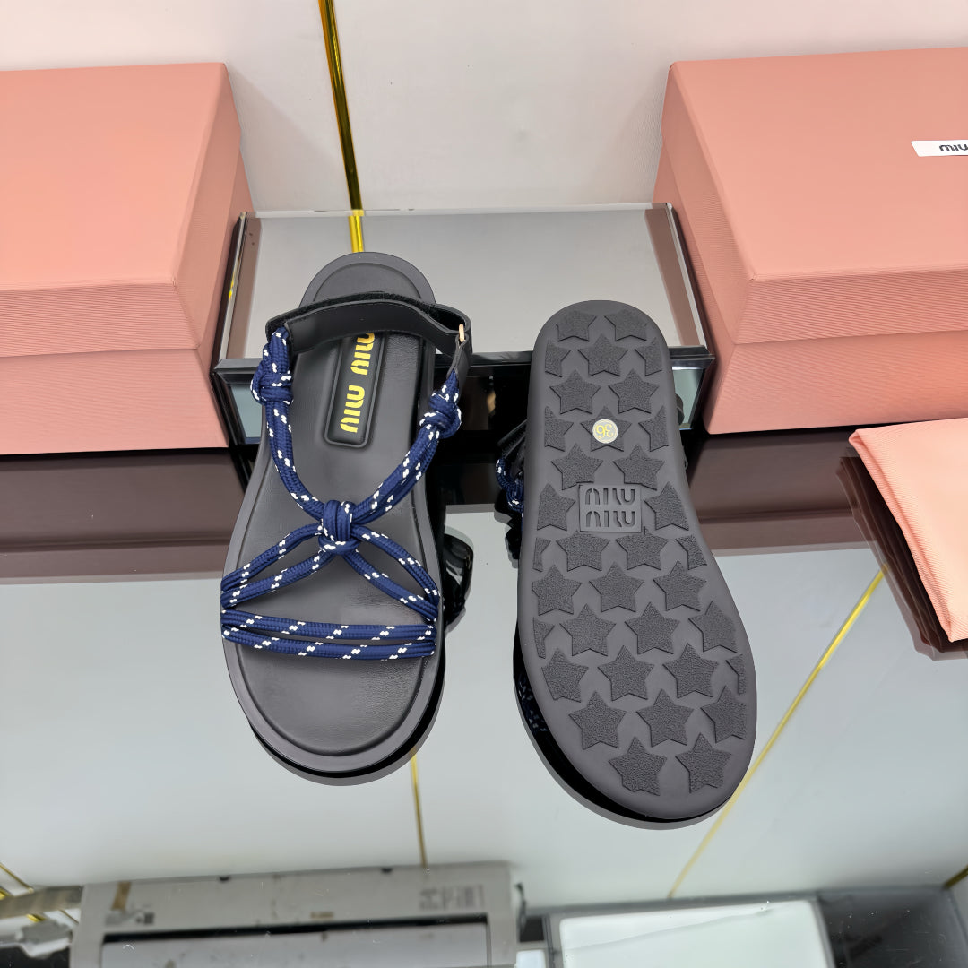 RIVIERE SANDALS IN BLACK CALFSKIN DARK BLUE CORD