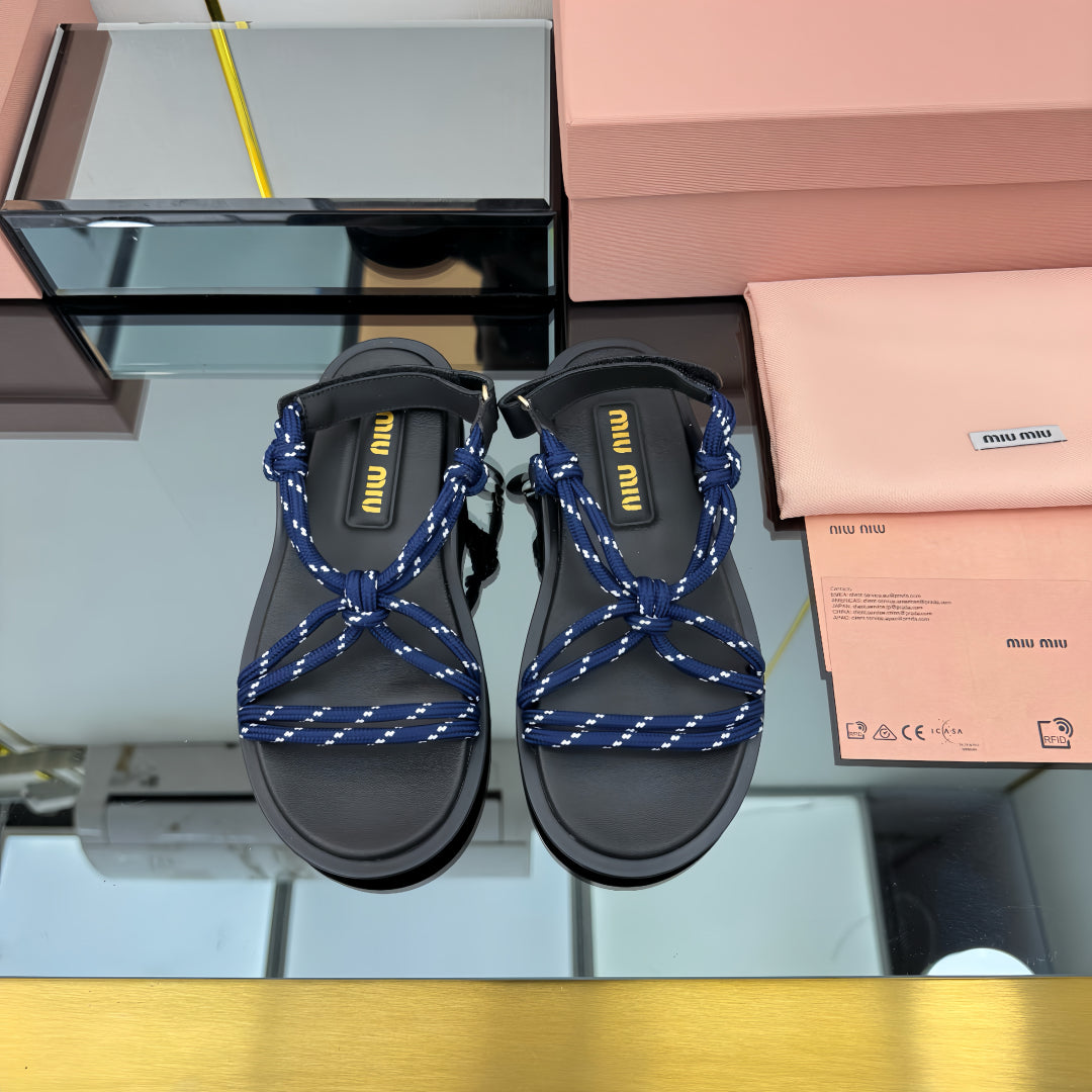 RIVIERE SANDALS IN BLACK CALFSKIN DARK BLUE CORD