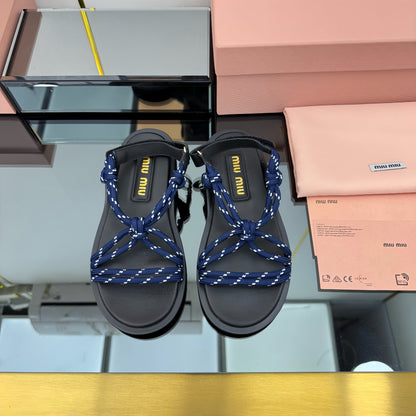 RIVIERE SANDALS IN BLACK CALFSKIN DARK BLUE CORD