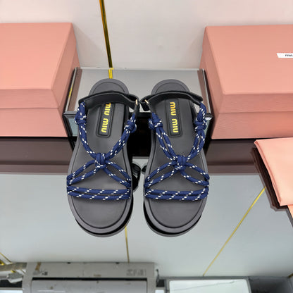 RIVIERE SANDALS IN BLACK CALFSKIN DARK BLUE CORD