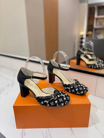 HIGH SANDALS 8 CM IN BLACK MONOGRAM DENIM AND CALFSKIN