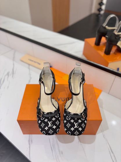 HIGH SANDALS 8 CM IN BLACK MONOGRAM DENIM AND CALFSKIN