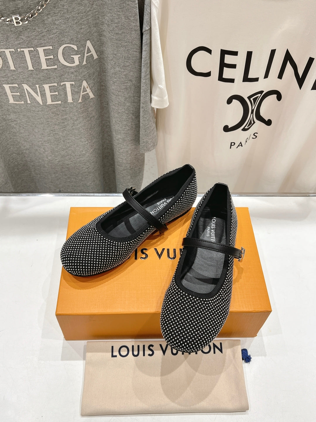 ROMY FLAT BALLERINA IN BLACK LAMBSKIN EMBELLISHED SILVER-TONED STUDS