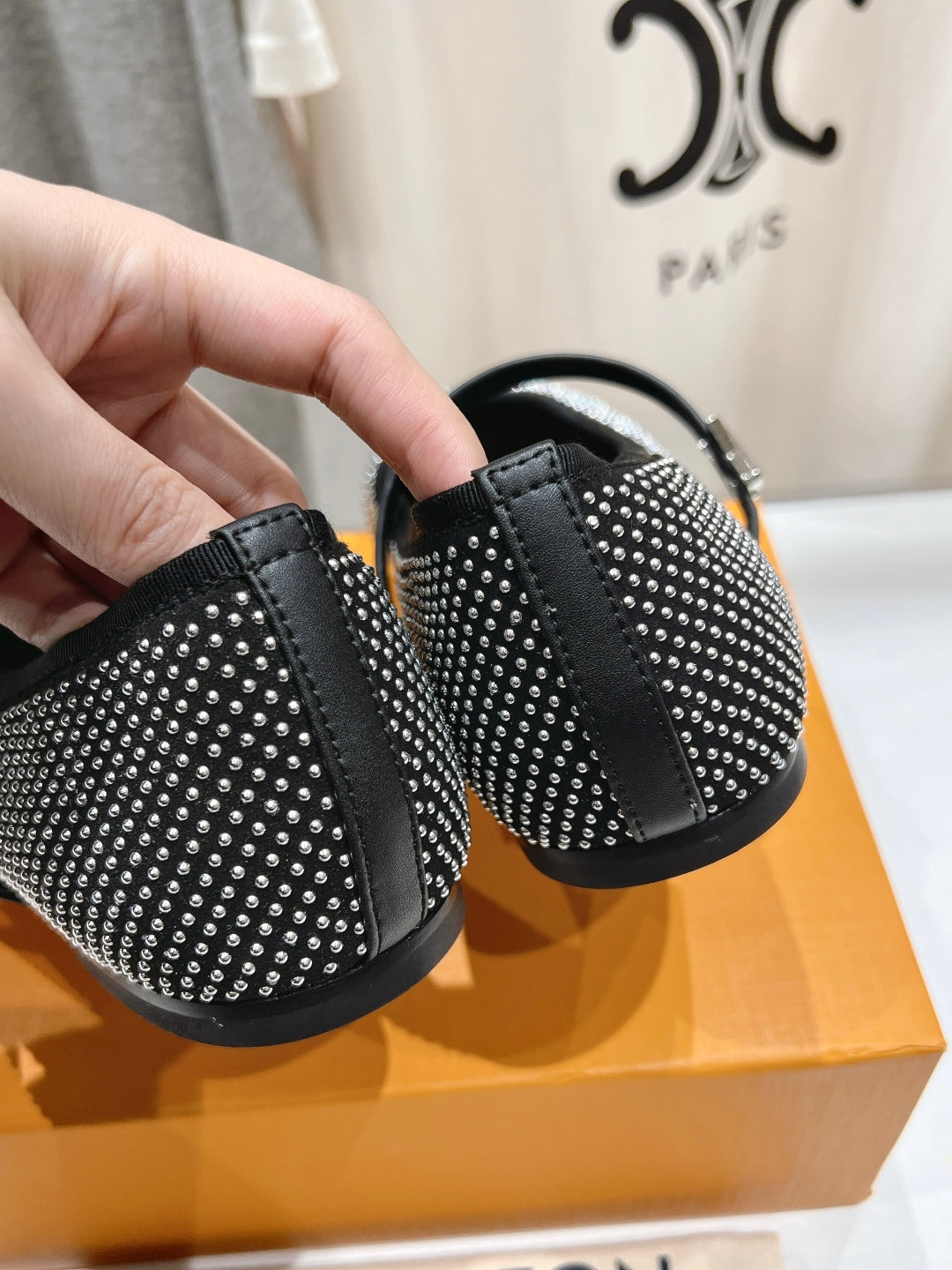 ROMY FLAT BALLERINA IN BLACK LAMBSKIN EMBELLISHED SILVER-TONED STUDS