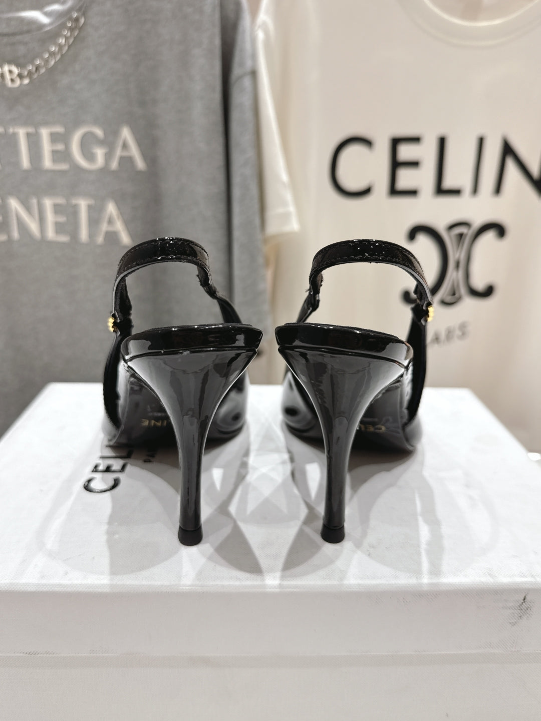 JUDY TRIOMPHE STILETTO SLINGBACK 75MM IN BLACK PATENT CALFSKIN