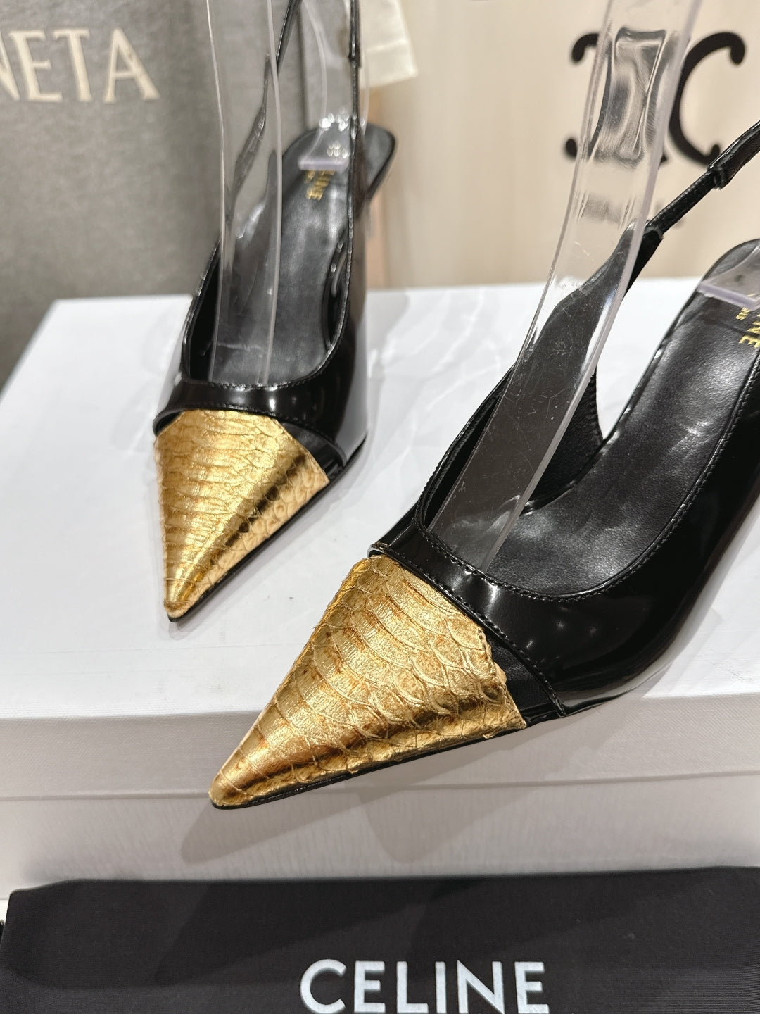 JUDY CAP TOE SLINGBACK 65MM IN BLACK SHINY CALFSKIN AND GOLD SNAKE EMBOSSED LEATHER