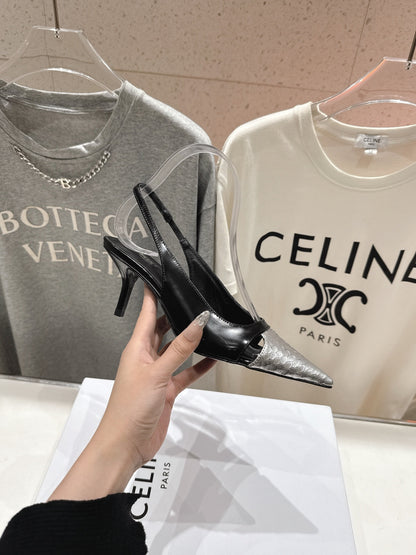 JUDY CAP TOE SLINGBACK 65MM IN BLACK SHINY CALFSKIN AND SILVER SNAKE EMBOSSED LEATHER