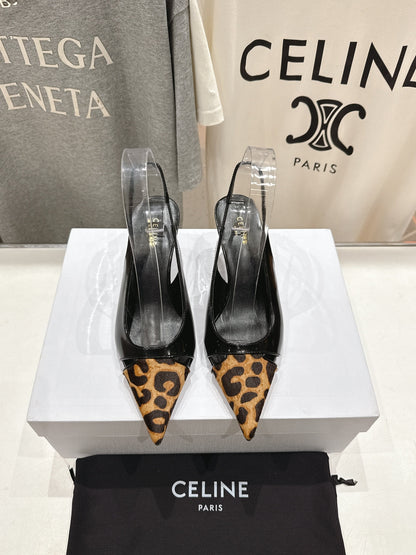 JUDY CAP TOE SLINGBACK 65MM IN BLACK PATENT CALFSKIN AND LEOPARD PRINTED HAIRY CALFSKIN