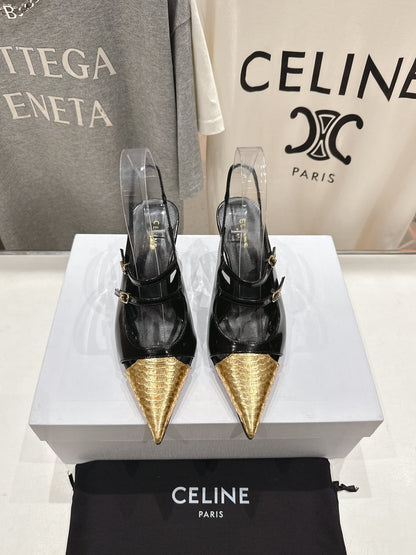 JUDY DOUBLE STRAP MARY JANE SLINGBACK 65MM IN BLACK SHINY CALFSKIN AND GOLD SNAKE EMBOSSED LEATHER