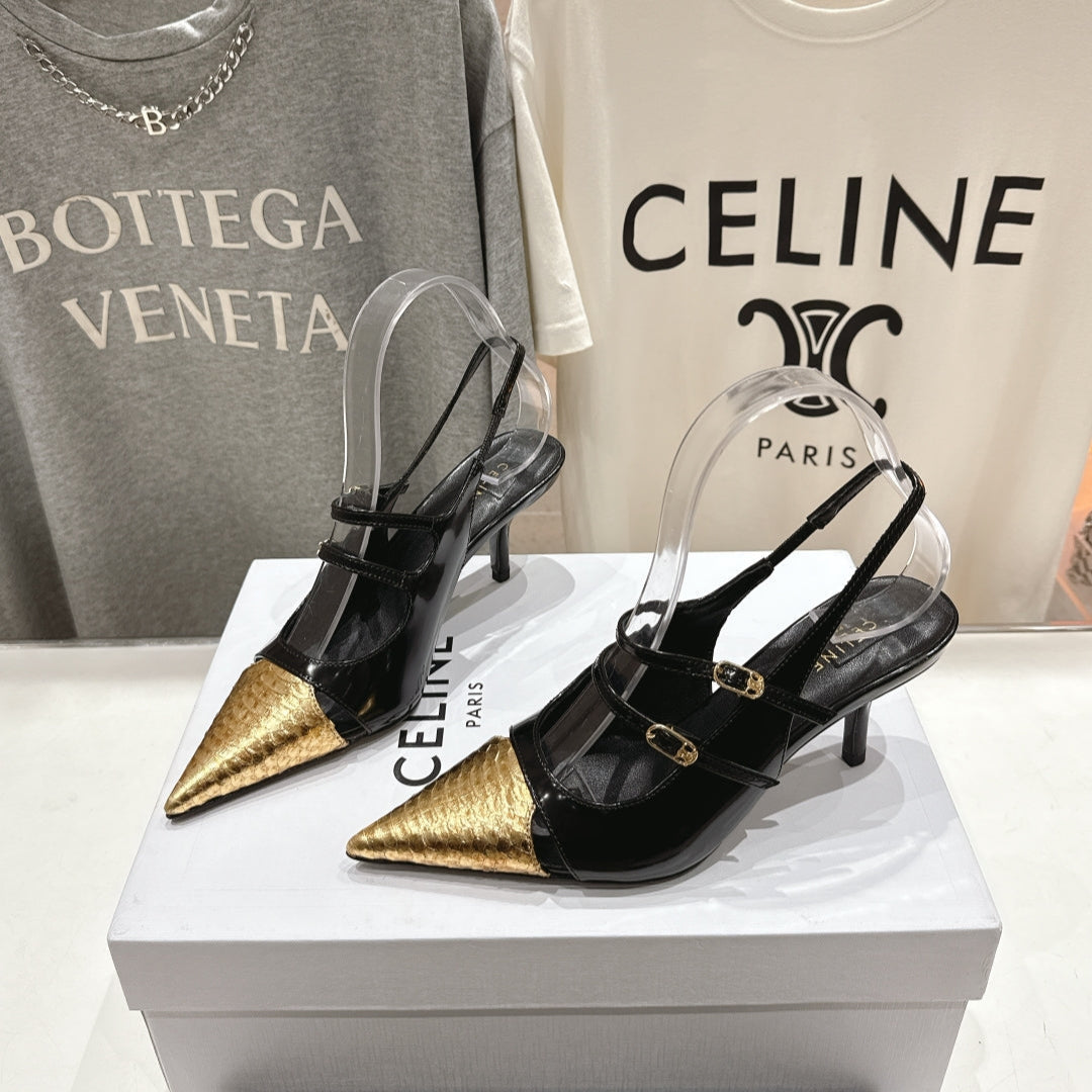 JUDY DOUBLE STRAP MARY JANE SLINGBACK 65MM IN BLACK SHINY CALFSKIN AND GOLD SNAKE EMBOSSED LEATHER