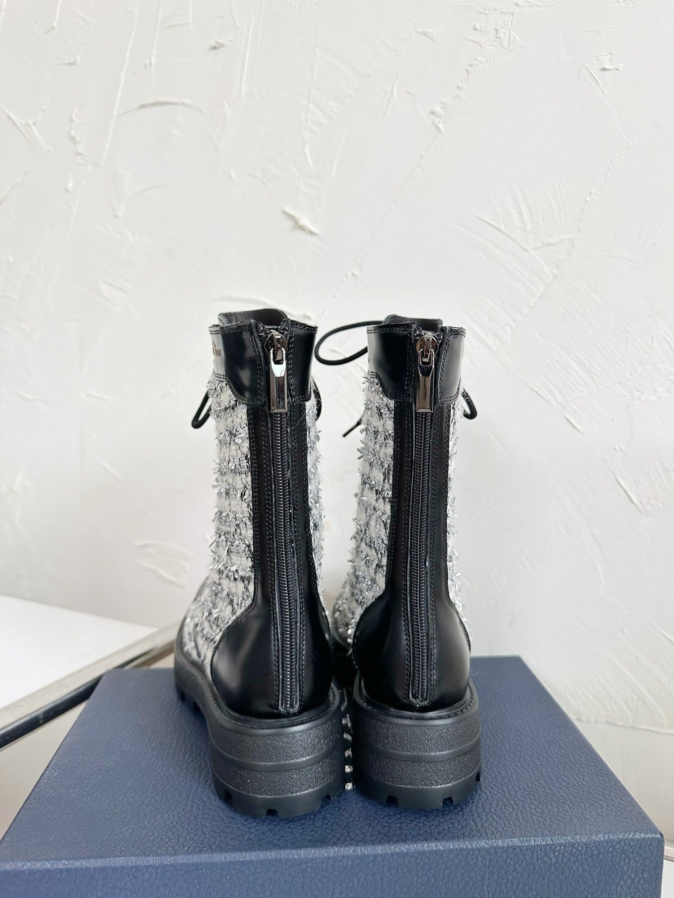 D-UNIT ANKLE BOOT BLACK CALFSKIN WITH WHITE AND BLACK CANNAGE TWEED