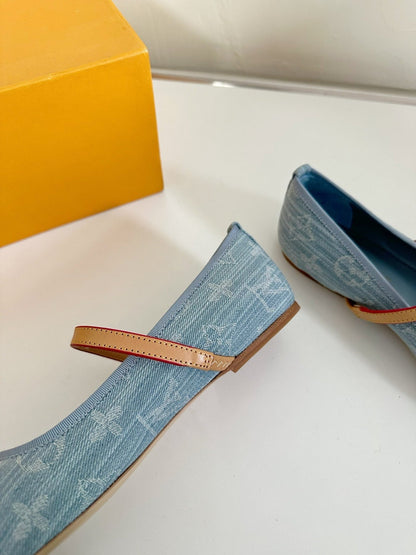 ROMY FLAT BALLERINA IN LIGHT BLUE MONOGRAM DENIM FABRIC