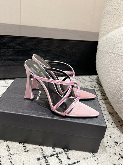 HIGH CRYSTAL STRAP SANDALS IN LIGHT PINK SILK