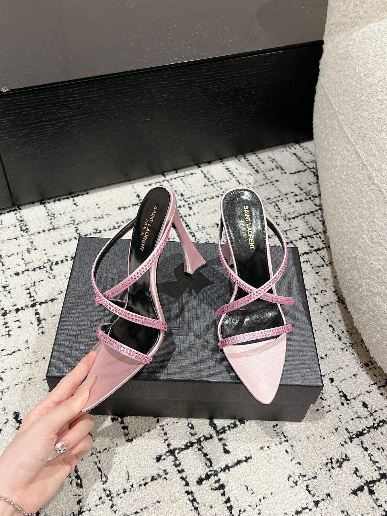 HIGH CRYSTAL STRAP SANDALS IN LIGHT PINK SILK