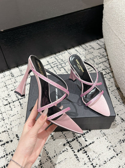 HIGH CRYSTAL STRAP SANDALS IN LIGHT PINK SILK