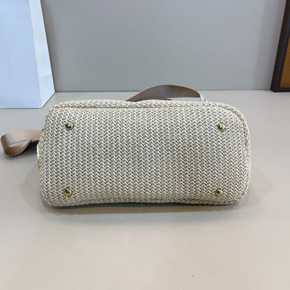 BLACK EMBROIDED LOGO TOTE BAG 29 IN BEIGE WOVEN RAFFIA