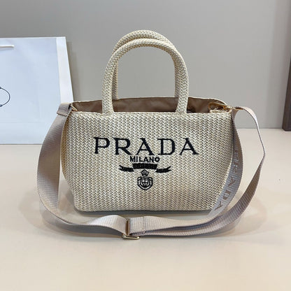BLACK EMBROIDED LOGO TOTE BAG 29 IN BEIGE WOVEN RAFFIA