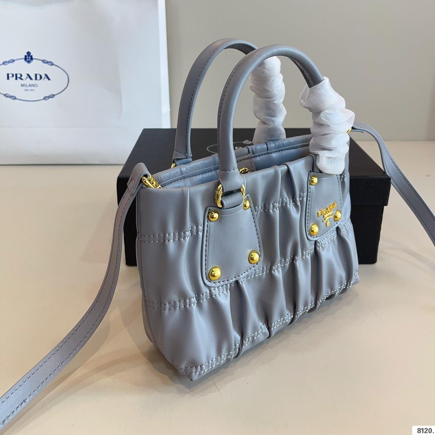 RUCHED TOP HANDLE BAG 19 IN GREY SAFFIANO LEATHER