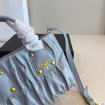 RUCHED TOP HANDLE BAG 19 IN GREY SAFFIANO LEATHER