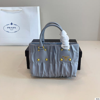 RUCHED TOP HANDLE BAG 19 IN GREY SAFFIANO LEATHER