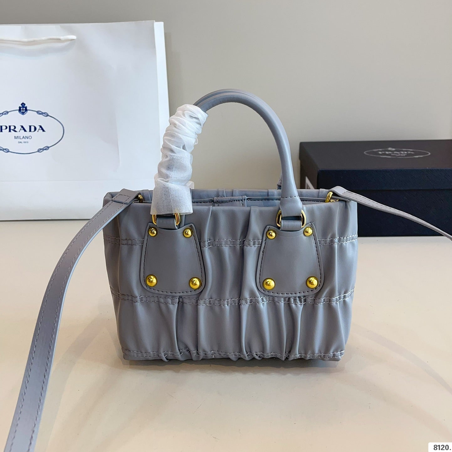 RUCHED TOP HANDLE BAG 19 IN GREY SAFFIANO LEATHER