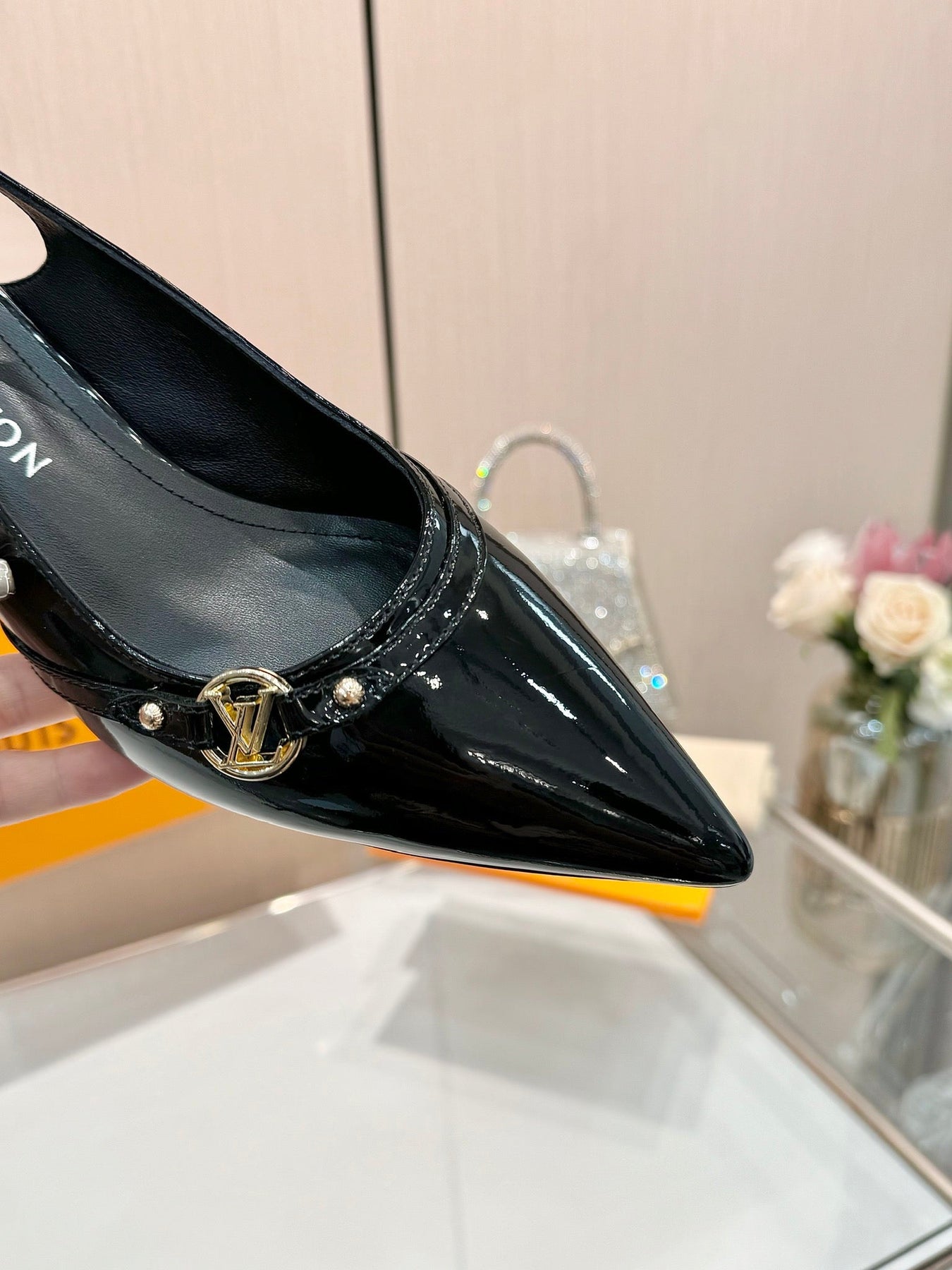6AM SLINGBACK HIGH HEELS 55 MM IN BLACK PATENT LAMBSKIN
