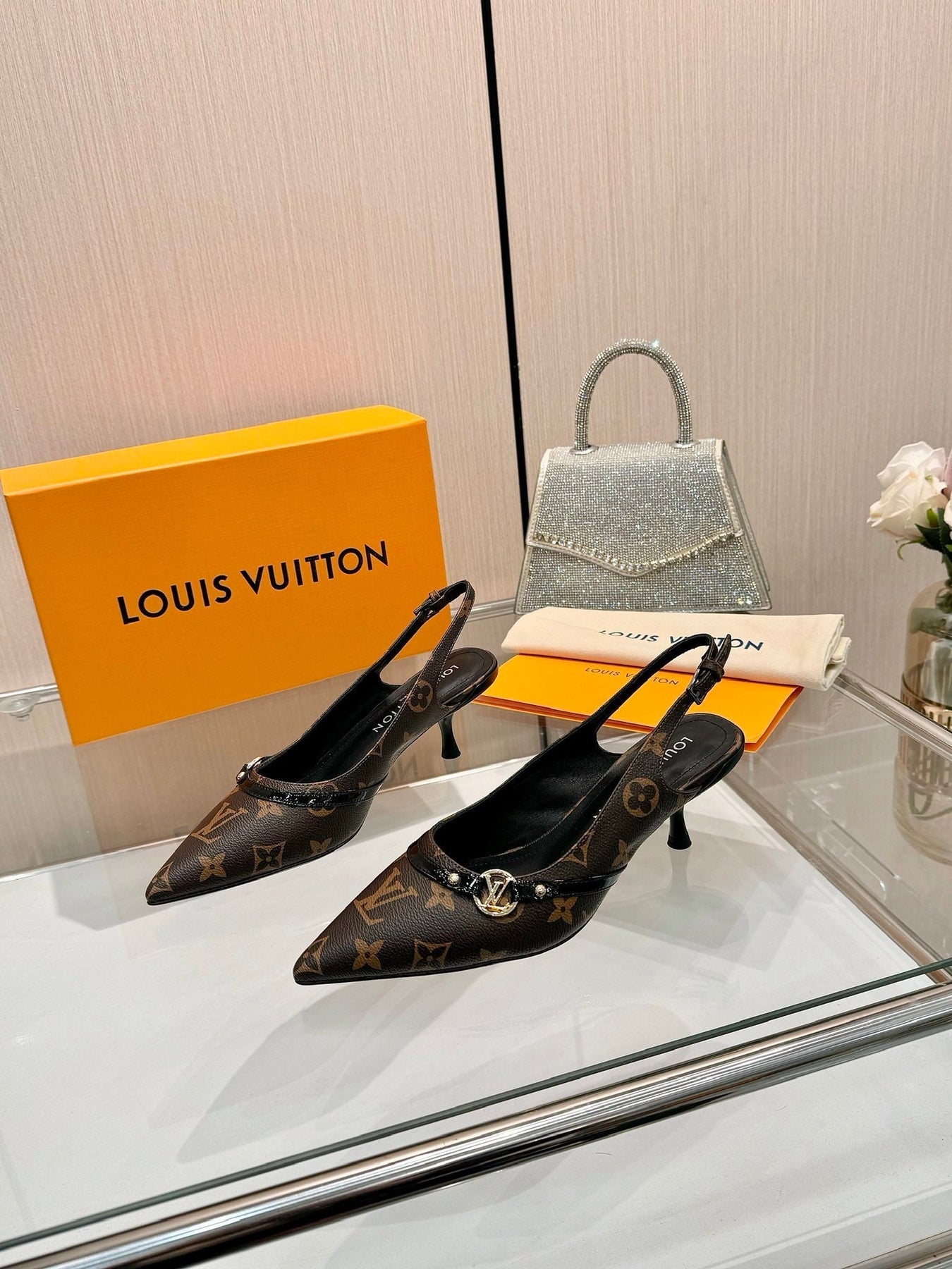 6AM SLINGBACK HIGH HEELS 55 MM IN CHOCOLATE BROWN MONOGRAM LAMBSKIN