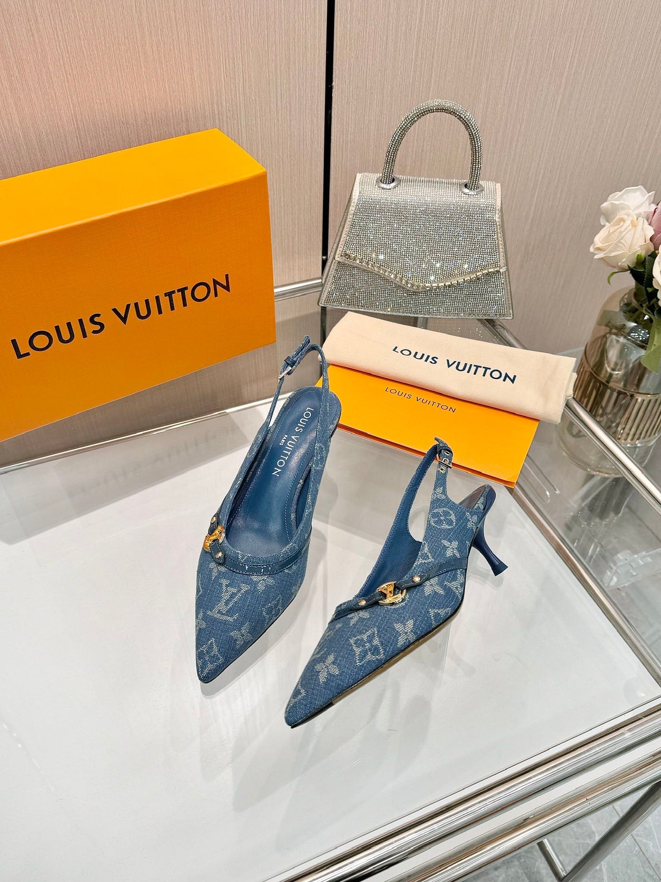 6AM SLINGBACK HIGH HEELS 55 MM IN CLASSIC BLUE MONOGRAM DENIM