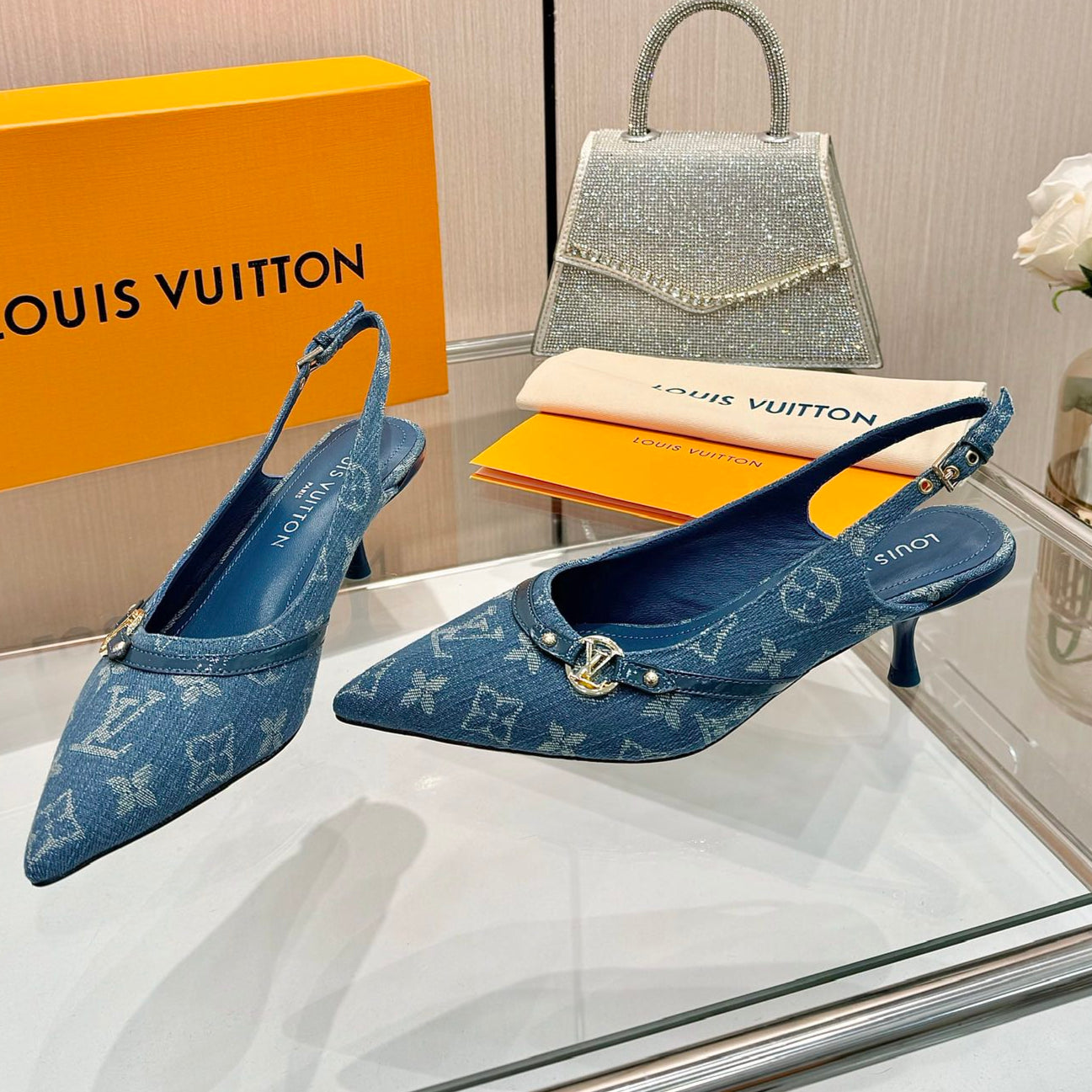 6AM SLINGBACK HIGH HEELS 55 MM IN CLASSIC BLUE MONOGRAM DENIM