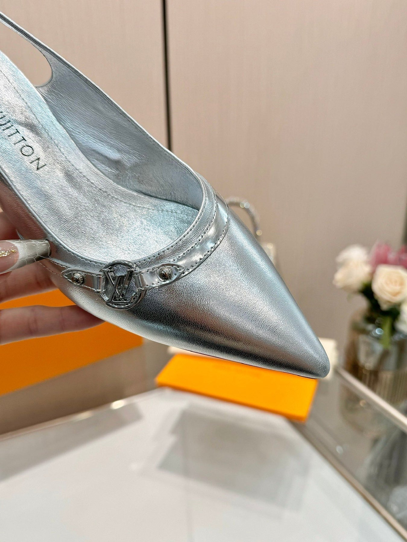6AM SLINGBACK HIGH HEELS 55 MM IN SILVER LAMBSKIN