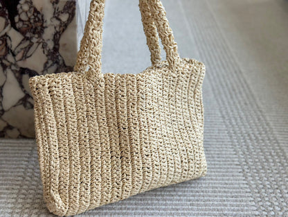 BLACK EMBROIDED LOGO TOTE BAG 30 IN BEIGE WOVEN RAFFIA