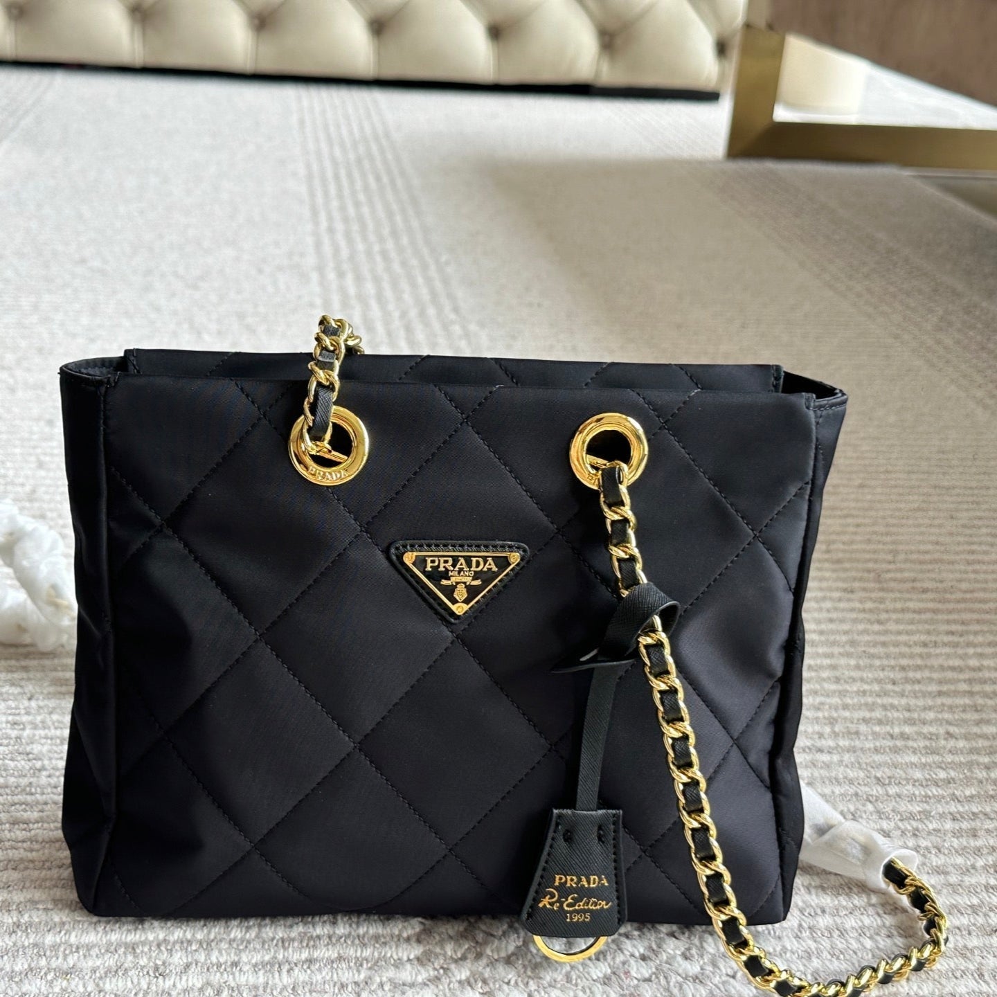 QUILTED HOBO SHOULDER BAG 28 IN BLACK RE-NYLON FABRIC GOLD CHAIN