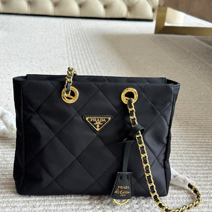 QUILTED HOBO SHOULDER BAG 28 IN BLACK RE-NYLON FABRIC GOLD CHAIN