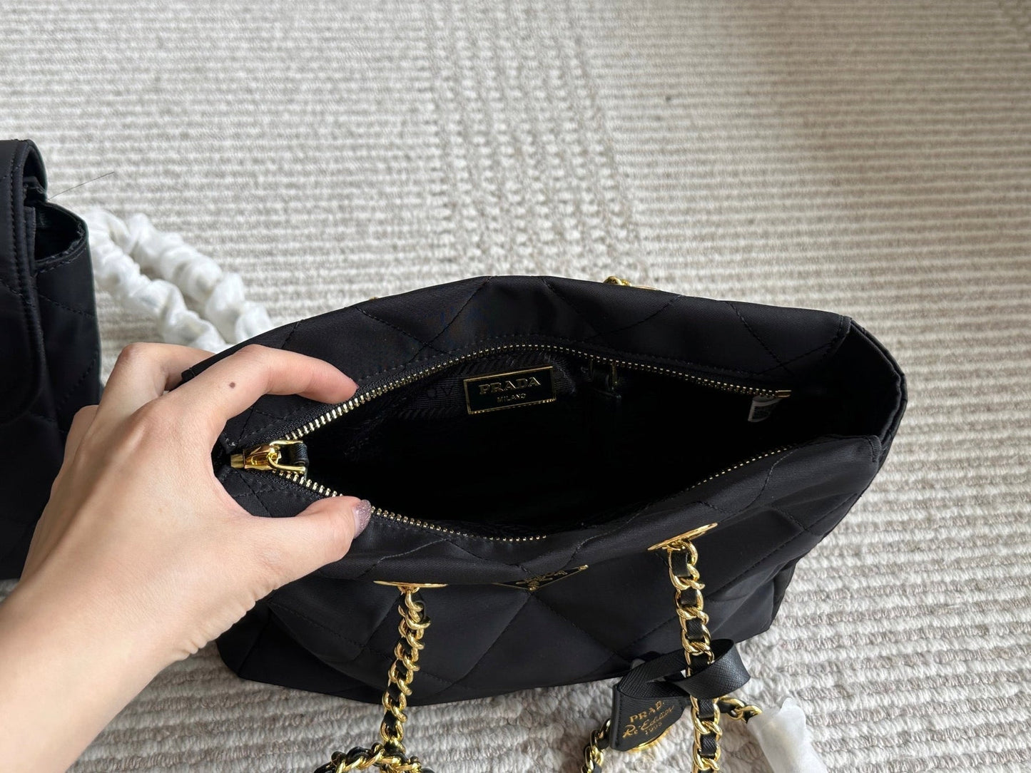 QUILTED HOBO SHOULDER BAG 28 IN BLACK RE-NYLON FABRIC GOLD CHAIN