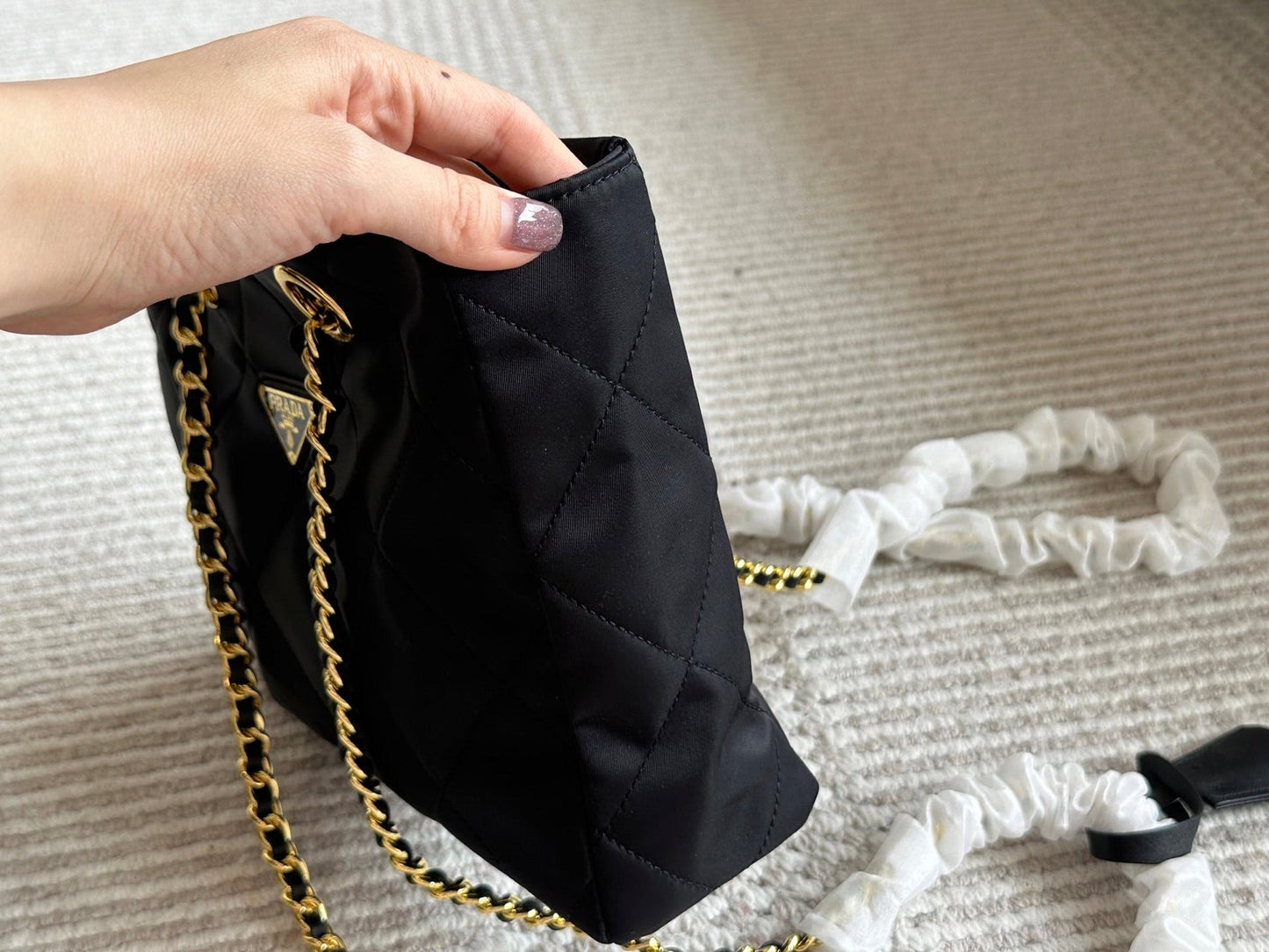 QUILTED HOBO SHOULDER BAG 28 IN BLACK RE-NYLON FABRIC GOLD CHAIN